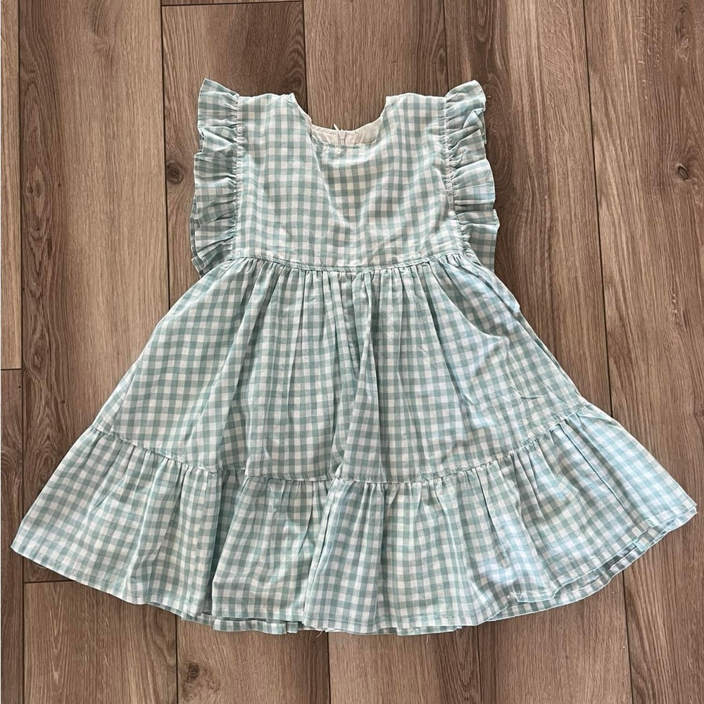 Pink Chicken blue gingham ruffle sleeve dress size 7Y